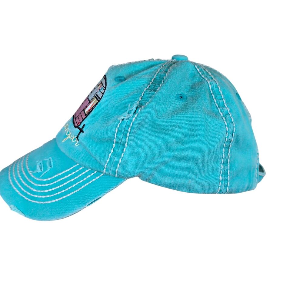 Happy Camper Slideback Hat Greenish-Blue One Size Adjustable Distressed Dog Pin - Picture 7 of 10